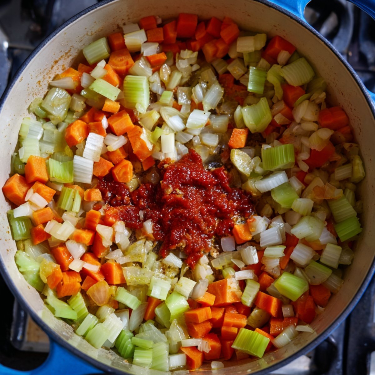 Overhead shot of diced carrots, celery, and onions sautéing in a blue Dutch oven with a spoonful of rich tomato paste in the center.
