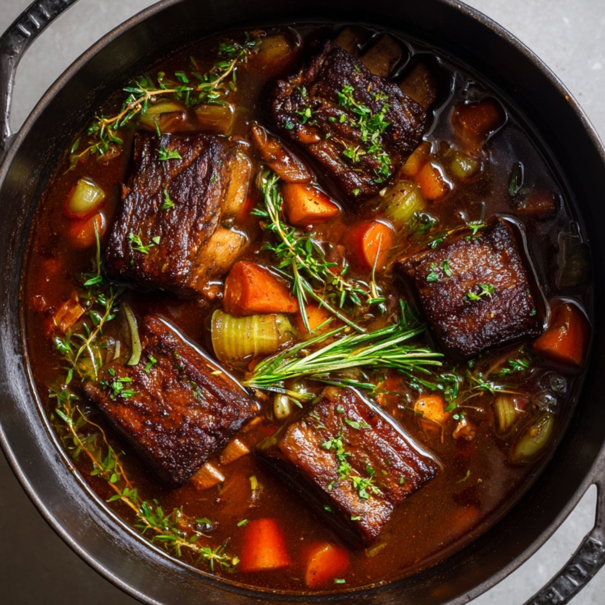 Overhead view of a black Dutch oven filled with braising liquid, tender beef short ribs, carrots, celery, and sprigs of fresh thyme simmering on a gray countertop.