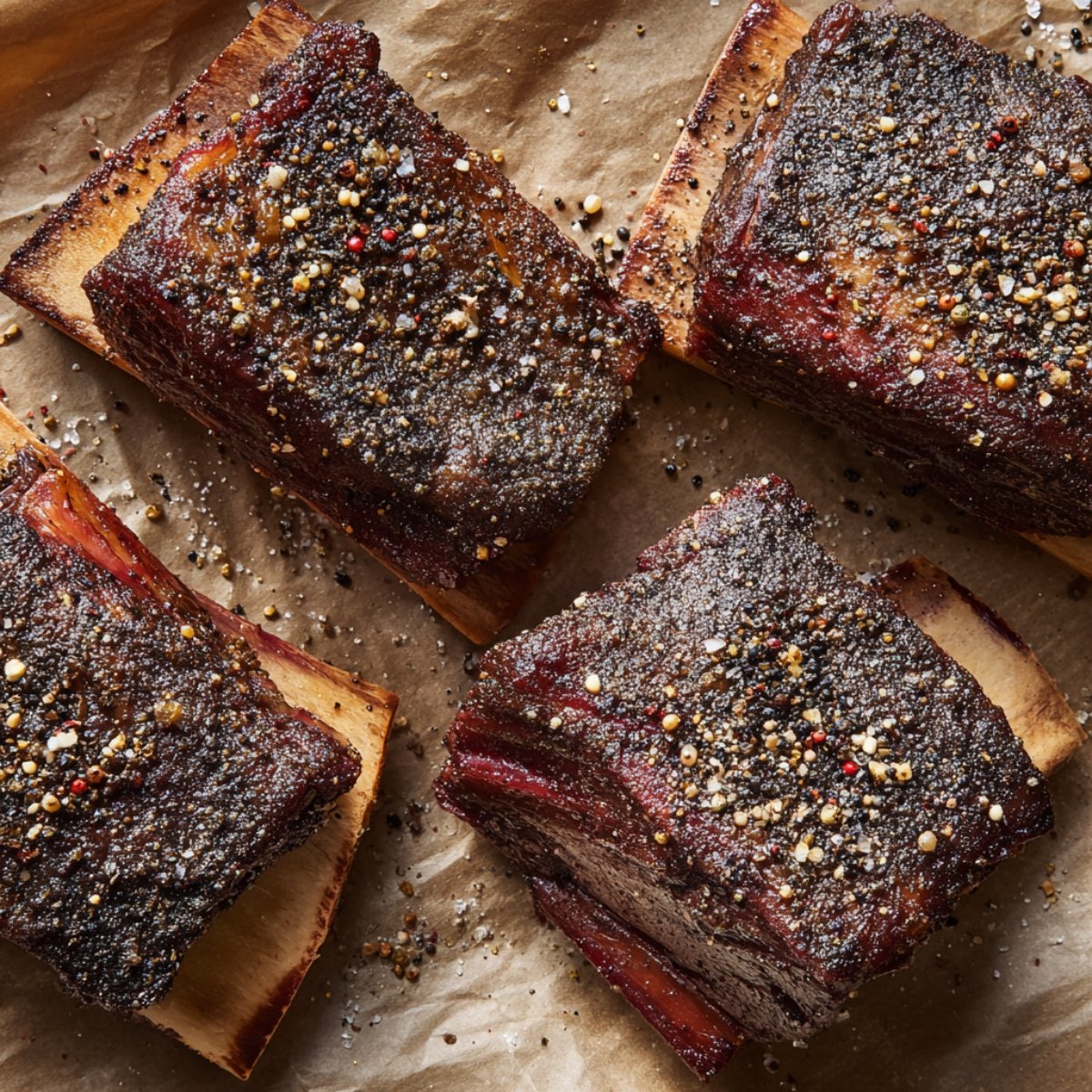 Overhead view of four cooked short ribs dusted with cracked black pepper and sea salt, each resting on its exposed bone atop parchment‑lined butcher paper.