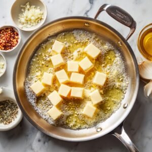 A sauté pan with melting cubes of butter in oil, surrounded on the countertop by small bowls of chopped garlic, red pepper flakes, mixed herbs, and whole garlic cloves.