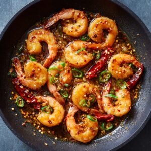 A black nonstick skillet with plump shrimp coated in a spicy chili‑pepper and garlic sauce, garnished with sliced green chilies and red pepper flakes.