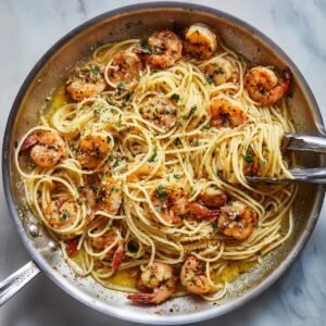 A stainless‑steel skillet filled with cooked spaghetti and sautéed shrimp, tossed in a garlic‑butter sauce and sprinkled with chopped parsley and grated cheese; a pair of tongs lifts a tangle of noodles.