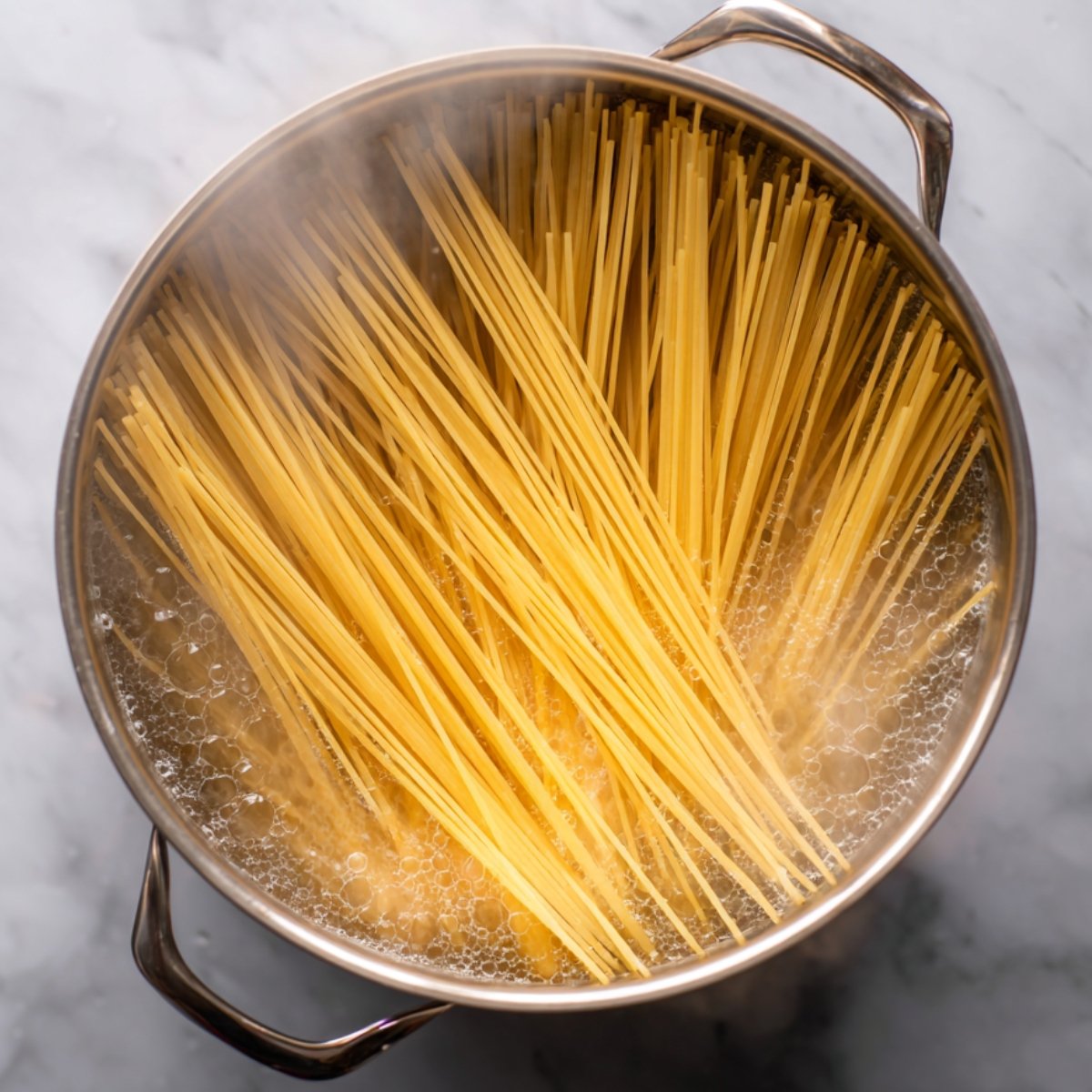Overhead view of long spaghetti strands being added to a pot of rapidly boiling water on a marble countertop.