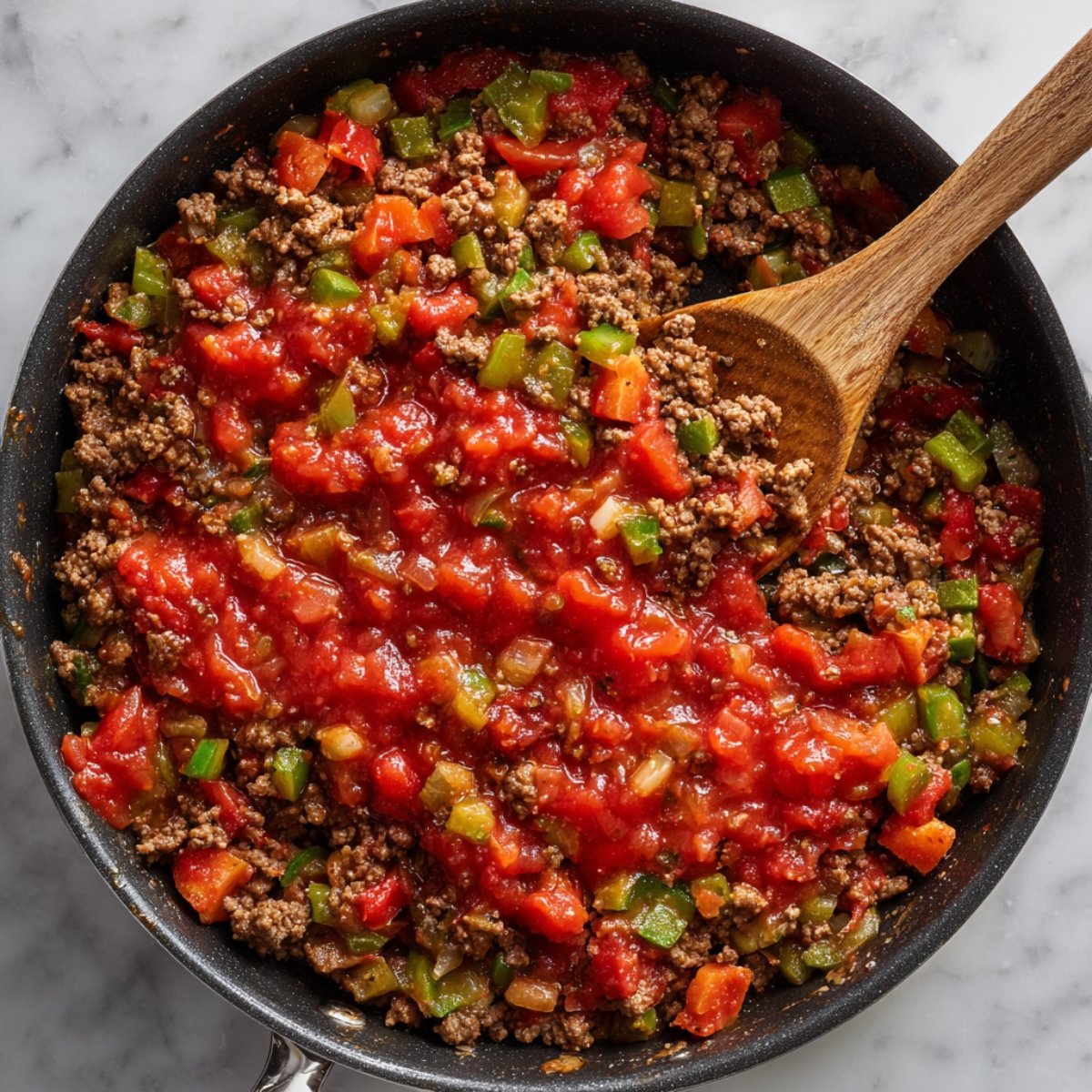 In a black skillet, cooked ground beef and diced vegetables are topped with a vibrant red tomato‑based sauce, ready to be folded in.
