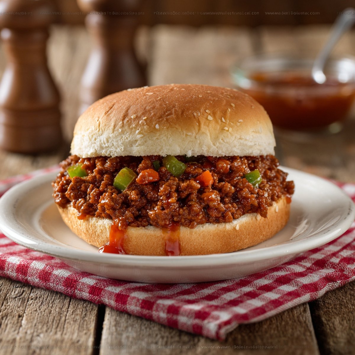 A sesame‑topped hamburger bun holding a heaping pile of glossy, saucy ground‑beef mixture studded with diced green bell pepper and carrots, placed on a white plate set atop a red‑and‑white gingham napkin. The rich tomato sauce glistens and drips slightly over the edge of the soft bun under warm, natural light.