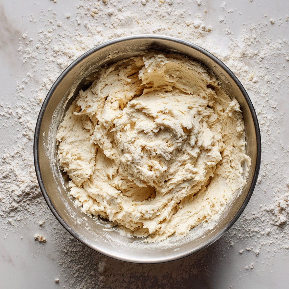 Shaggy, just-mixed pretzel dough in a metal bowl with flour scattered around the work surface.