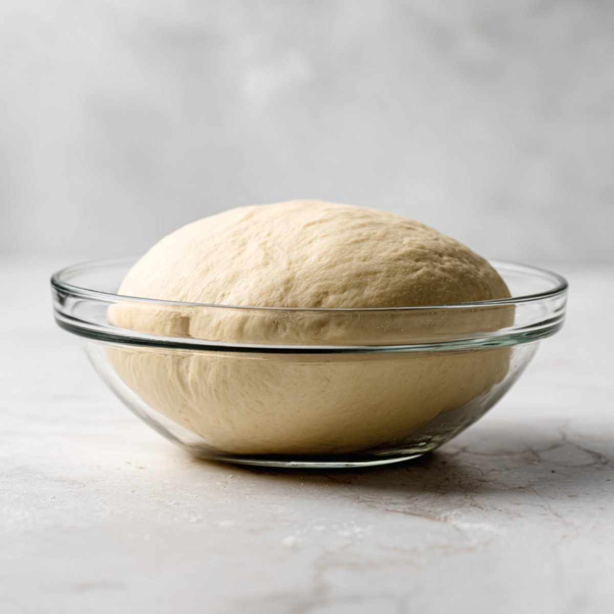Side view of a risen dough ball resting in a clear glass bowl on a marble counter.