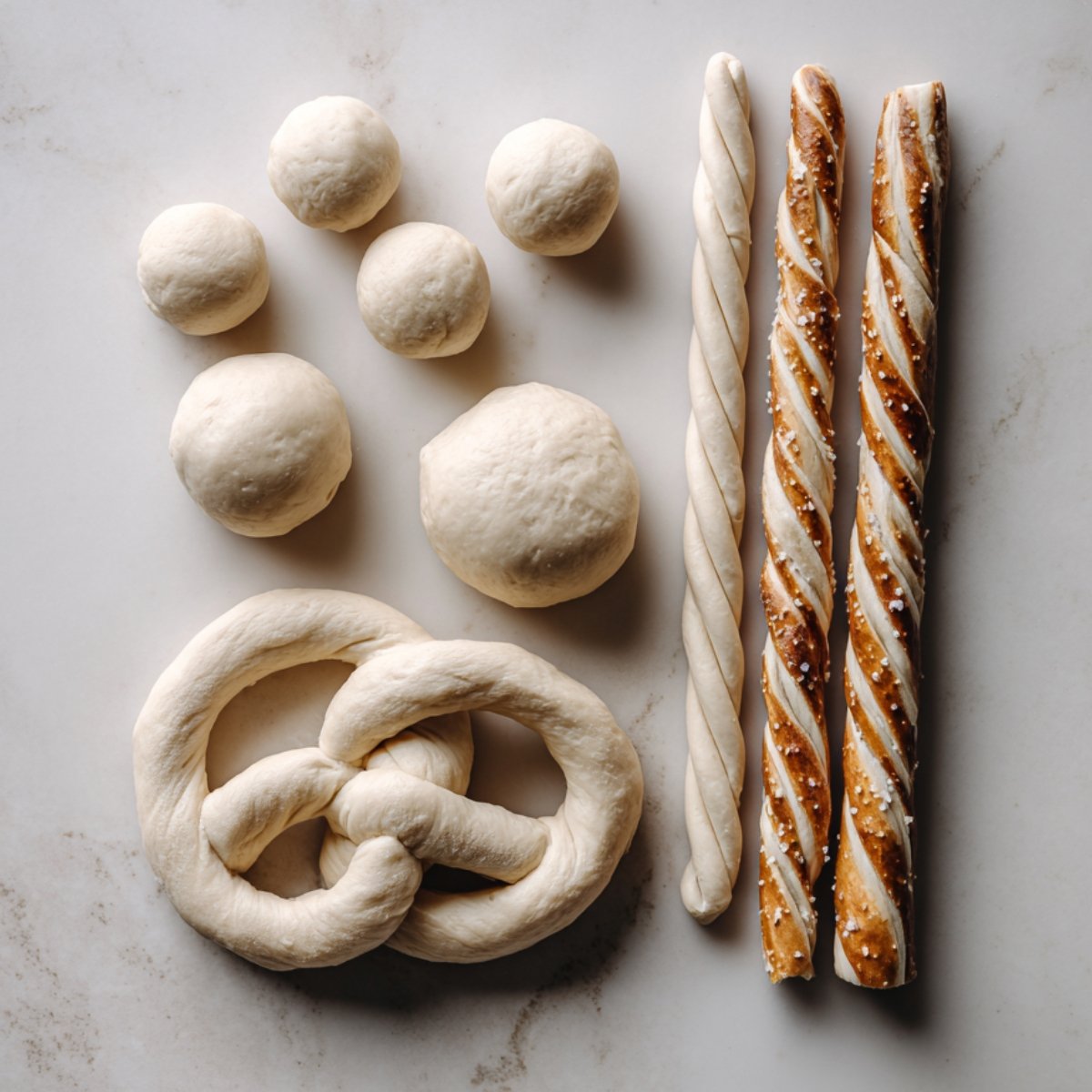 Overhead view of pretzel dough stages: smooth dough balls, long rolled ropes, raw pretzel shapes, and salted twisted sticks on a light surface.