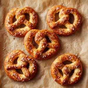 Five golden soft pretzels sprinkled with coarse salt on a parchment‑lined baking sheet.