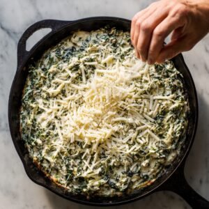 Overhead view of a black cast‑iron skillet on a wooden board, filled with creamy spinach artichoke dip topped with shredded mozzarella, ready for baking