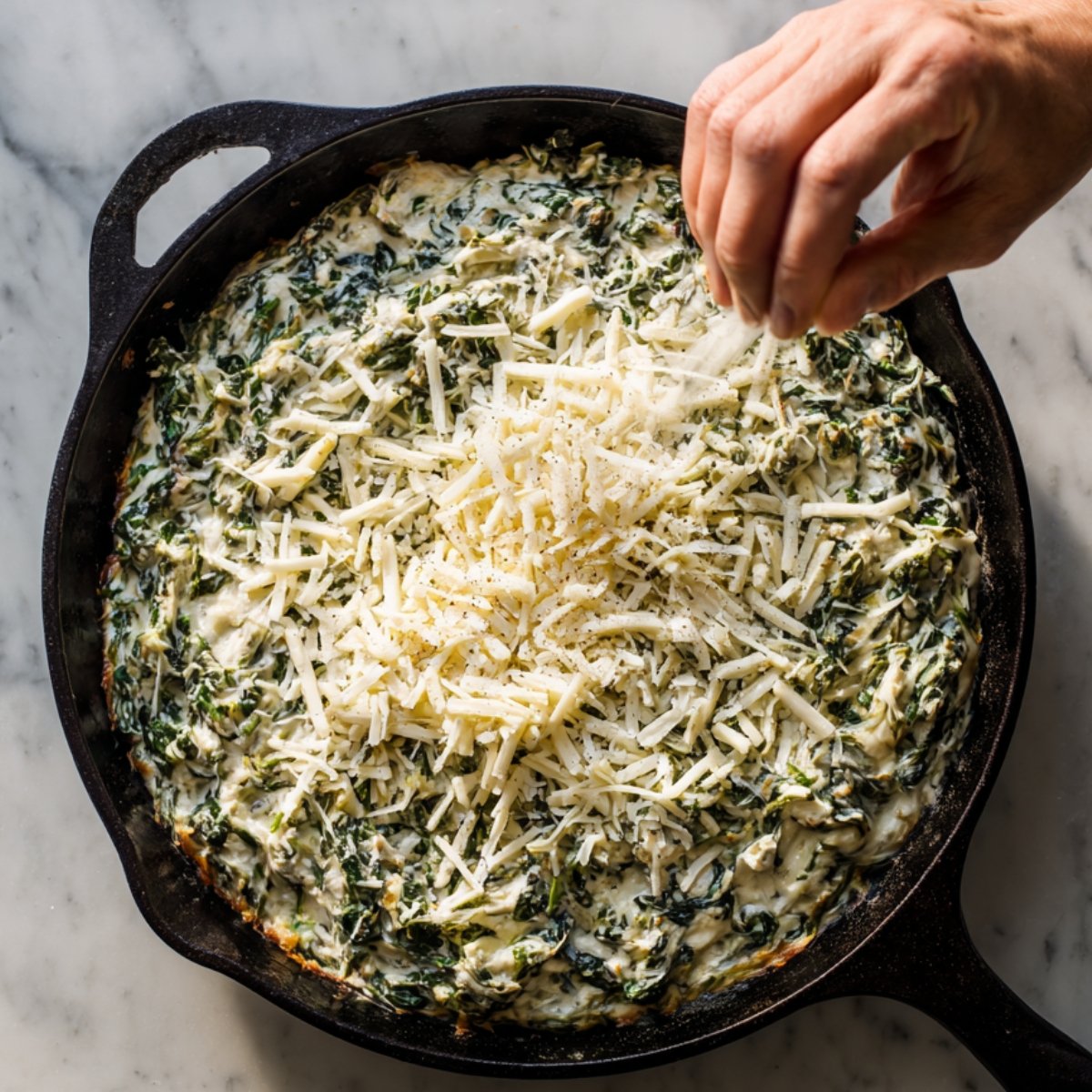 Overhead view of a black cast‑iron skillet on a wooden board, filled with creamy spinach artichoke dip topped with shredded mozzarella, ready for baking
