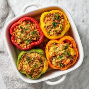 Overhead photo of red, yellow, orange, and green bell peppers filled with a golden, cheesy breadcrumb mixture and sprinkled with fresh parsley, arranged snugly in a white casserole on a marble surface.