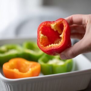Close-up of a hand lifting an empty red bell pepper shell above a white baking dish filled with green and orange pepper halves, softly blurred in the background.