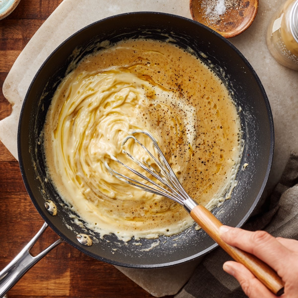 A hand whisking a creamy sauce in a non-stick pan, seasoned with black pepper, on a wooden kitchen counter surrounded by spice dishes and a cloth napkin.