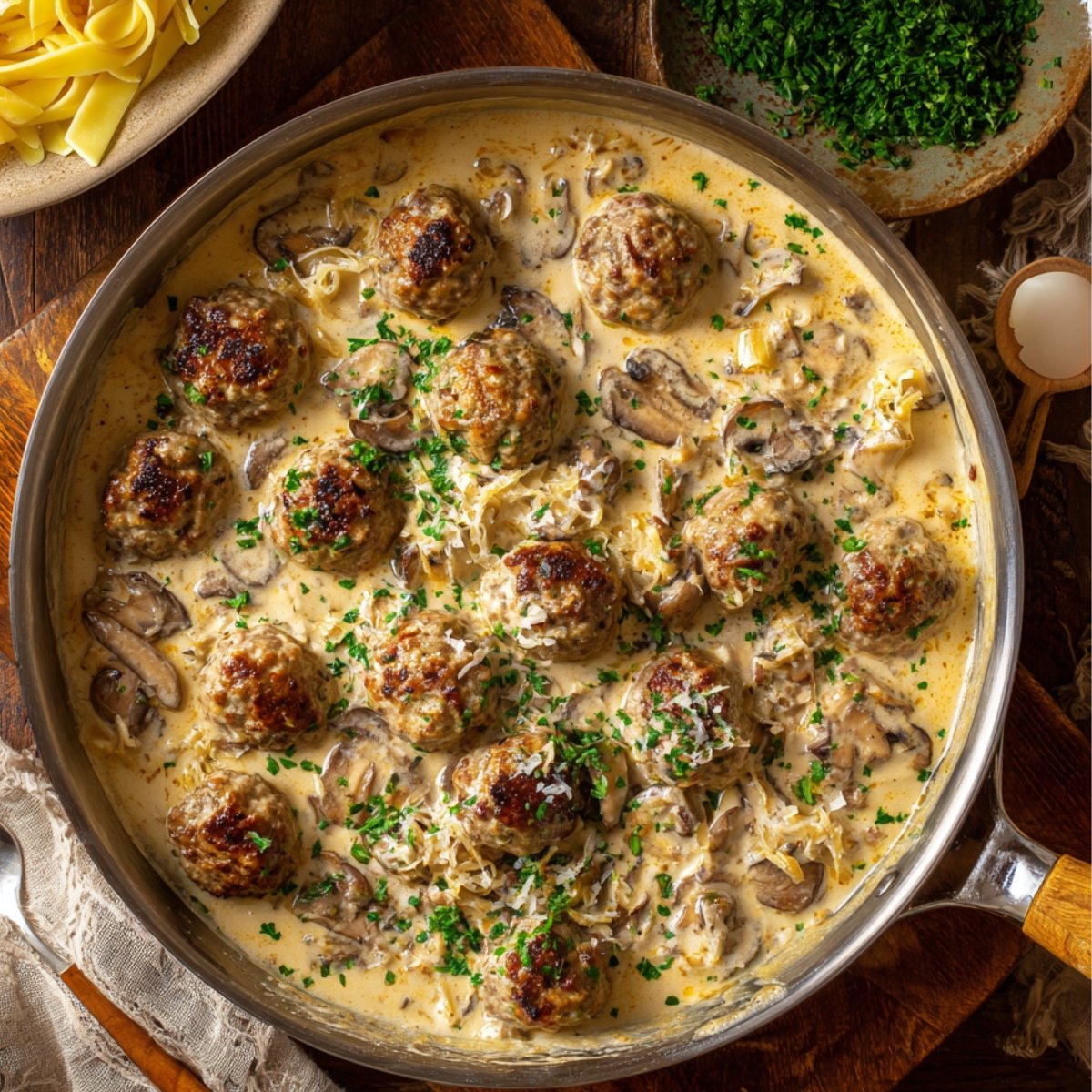 A skillet filled with golden-brown Swedish meatballs simmering in a rich, creamy mushroom sauce, garnished with chopped parsley and grated cheese, with pasta and herbs in the background.