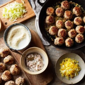 An overhead view of a kitchen prep area with meatballs being formed and seared in a skillet, surrounded by bowls of breadcrumbs, milk, chopped onions, seasonings, and cooked vegetables.
