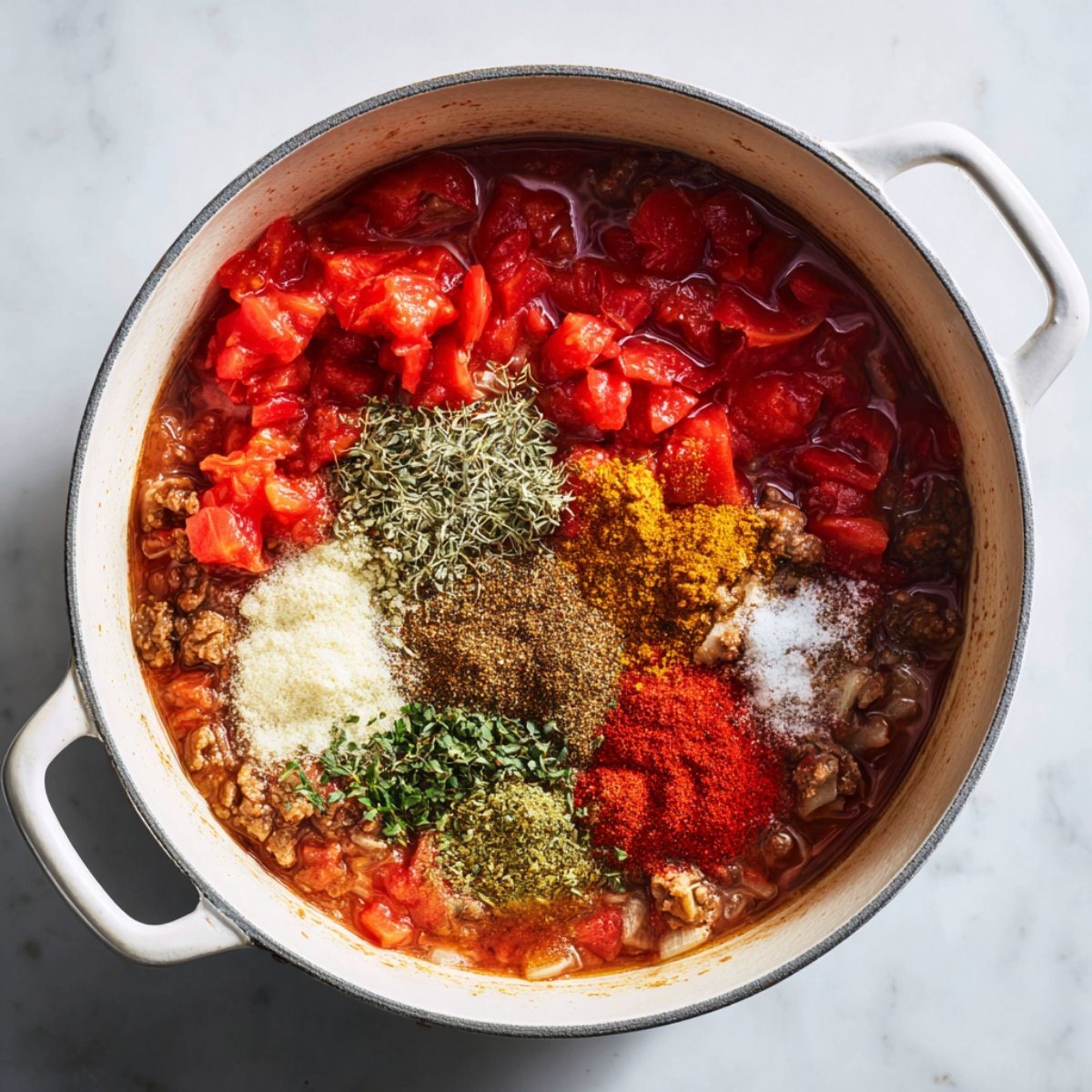 Overhead image of a white Dutch oven containing tomato-based broth mixed with diced tomatoes and a cluster of spices—chili powder, paprika, ground cumin, dried oregano and a sprinkle of flour, ready to be stirred