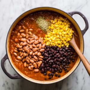 Top-down shot of a white pot on a marble counter, showing three separate heaps of ingredients in broth: yellow corn kernels in the upper half, light brown pinto beans at lower left, and black beans at lower right, before stirring.