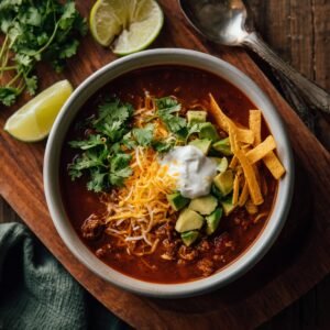 A close-up of a white ceramic bowl filled with hearty taco soup: visible are ground beef, beans, corn, and diced vegetables in a red broth, topped with a dollop of sour cream, sliced avocado, shredded cheddar cheese, and crispy tortilla strips, with a silver spoon resting inside.