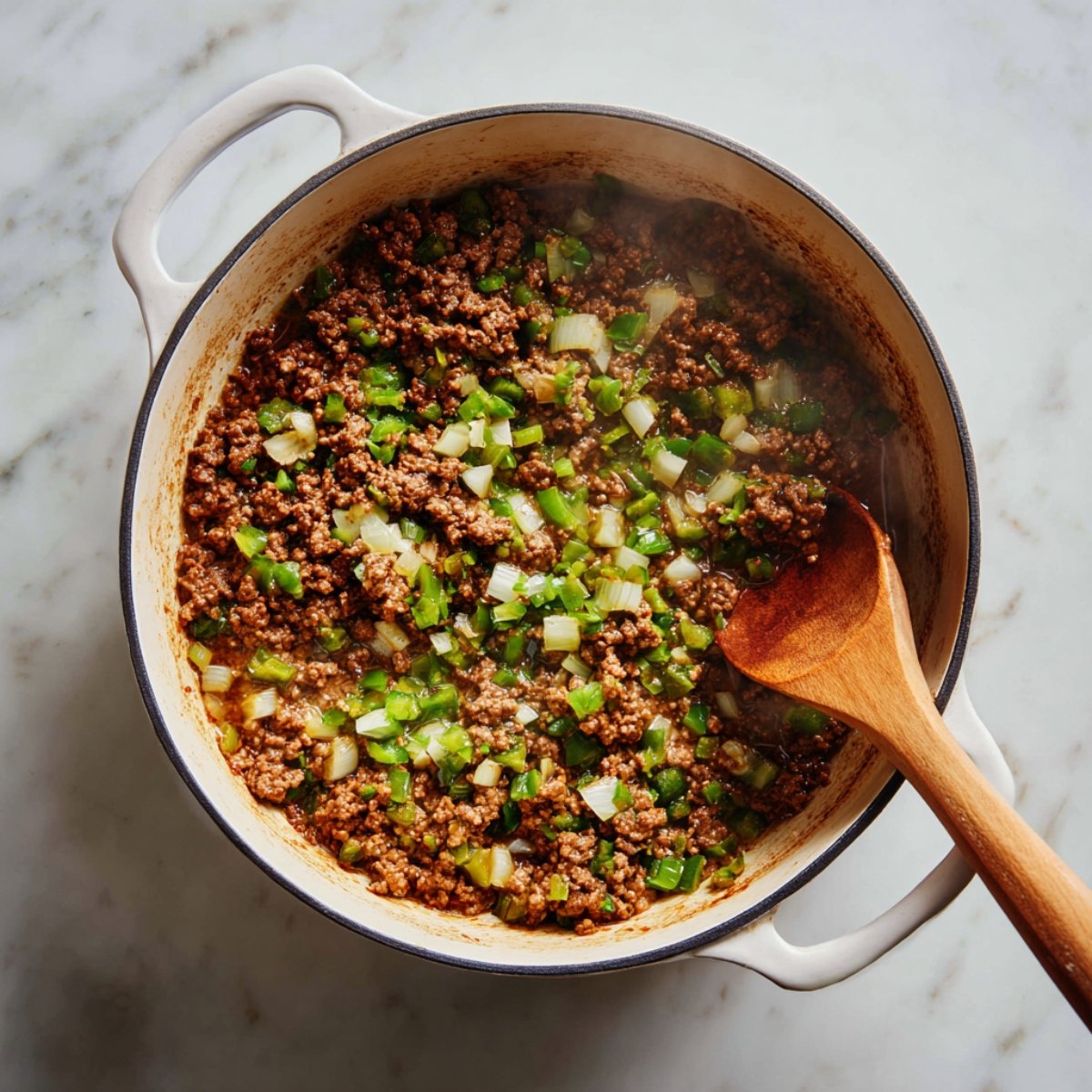 Top-down view of a white pot on a marble surface, showing browned ground beef mixed with sautéed diced onion, minced garlic, and chopped green bell pepper, with a wooden spoon stirring the mixture.