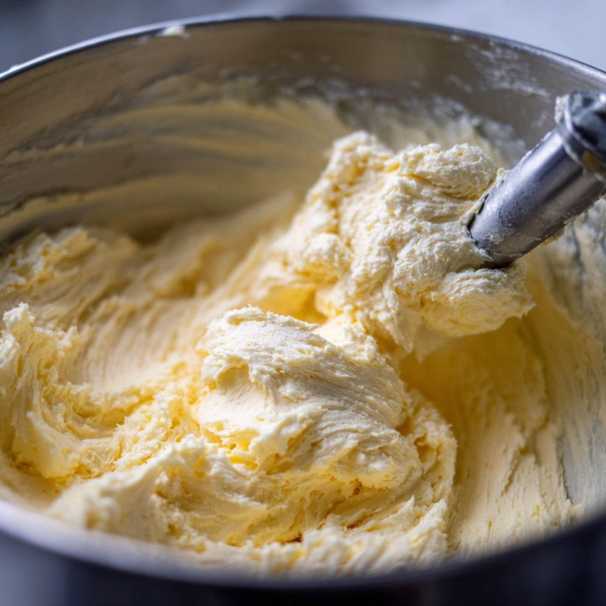 Close‑up of a stand mixer bowl with pale yellow butter and sugar creamed together into a light, fluffy texture, with the paddle attachment lifting smooth mixture.