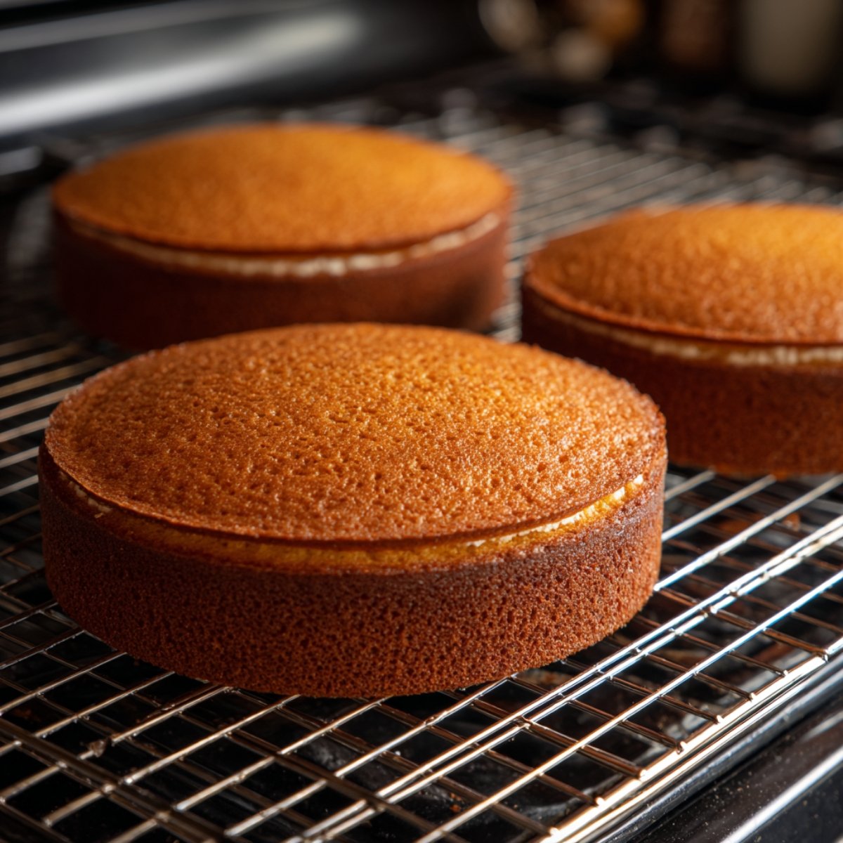 Three golden‑brown vanilla cake layers resting on a wire cooling rack, each perfectly domed and lightly browned around the edges.