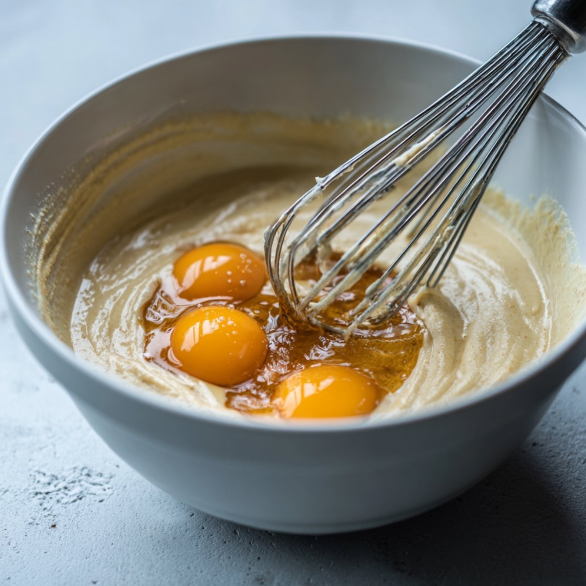 White mixing bowl containing thick vanilla batter with three raw egg yolks and a drizzle of honey on top, and a whisk ready to blend.