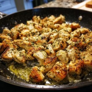 Close‑up side view of a large skillet with bite‑sized chicken cubes sizzling in oil, each piece browned to a crisp golden crust beneath kitchen lighting.