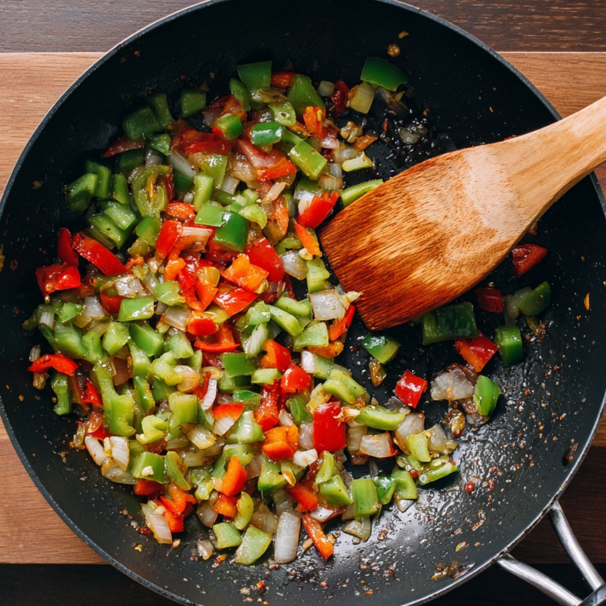 Top‑down shot of a black skillet on a wooden board, containing diced red and green bell peppers and translucent sautéed onion pieces being stirred with a wooden spatula.