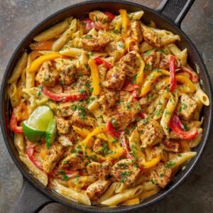 Overhead view of a large stainless‑steel skillet on the stove filled with ribbon noodles and bite‑sized chicken pieces in a creamy yellow cheese sauce, flecked with parsley and red bell pepper bits