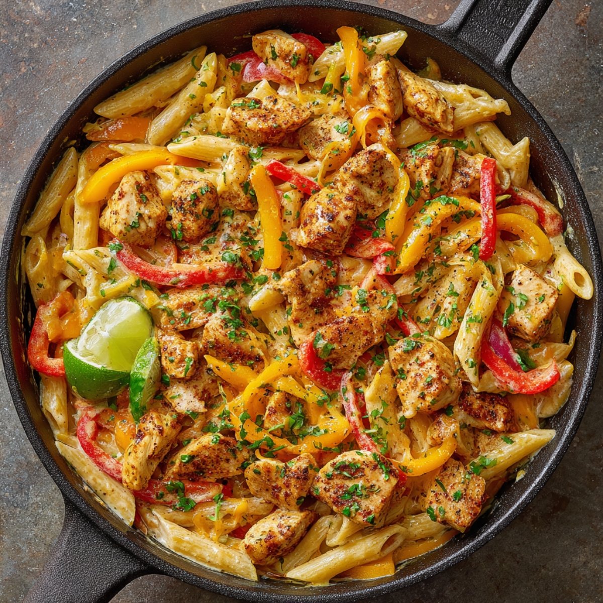 Overhead view of a large stainless‑steel skillet on the stove filled with ribbon noodles and bite‑sized chicken pieces in a creamy yellow cheese sauce, flecked with parsley and red bell pepper bits