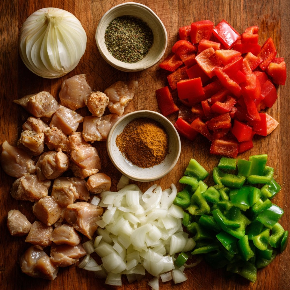 Top‑down photograph of a wooden cutting board holding seasoned raw chicken chunks, diced red and green bell peppers, chopped white onion, and a small bowl of mixed dry spices.