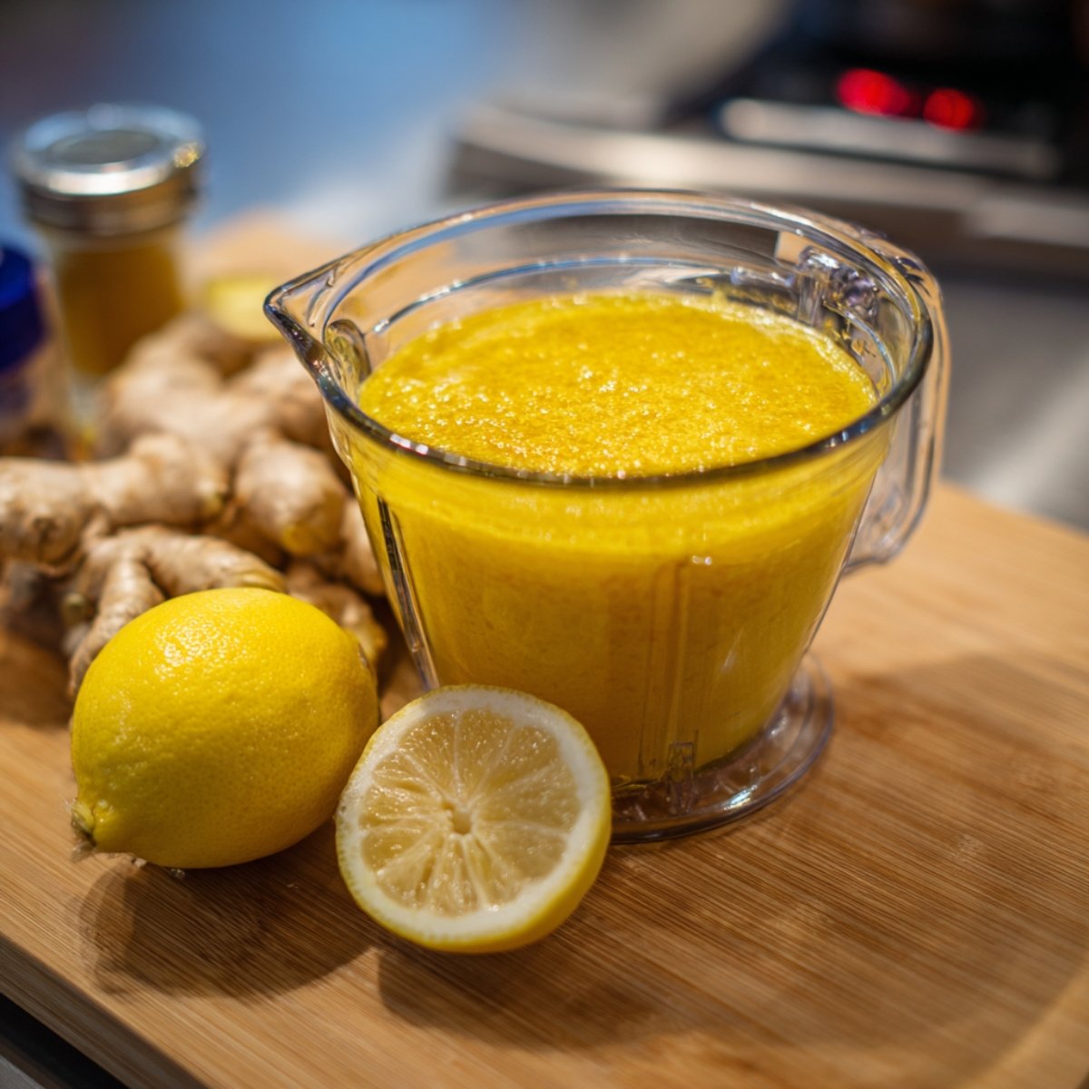 A fine‑mesh sieve held over a glass bowl, filtering a golden juice as fine sediment collects in the strainer, with turmeric powder and honey dipper nearby.