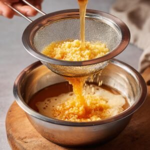 Close‑up of a blender carafe filled with a bright yellow pulp of ginger and citrus, set next to halved lemon and whole ginger root on a butcher block surface.