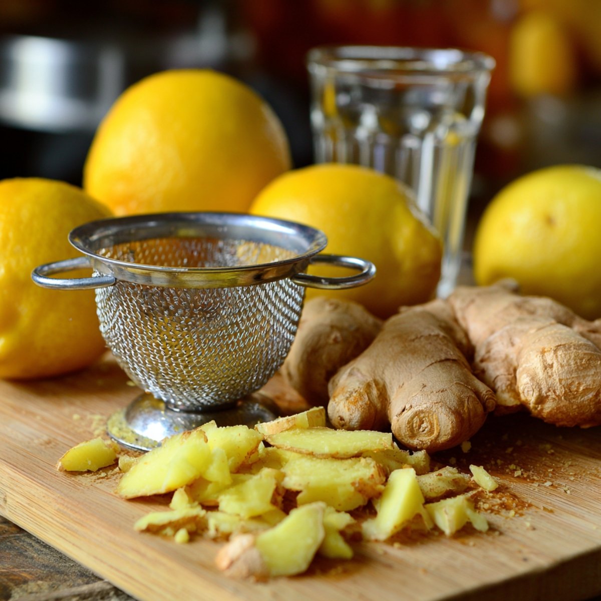 Rustic ceramic mug filled with a foamy yellow ginger‑turmeric‑honey shot, surrounded by fresh turmeric root, a pile of fresh ginger, and a honey dipper on a textured dark table.