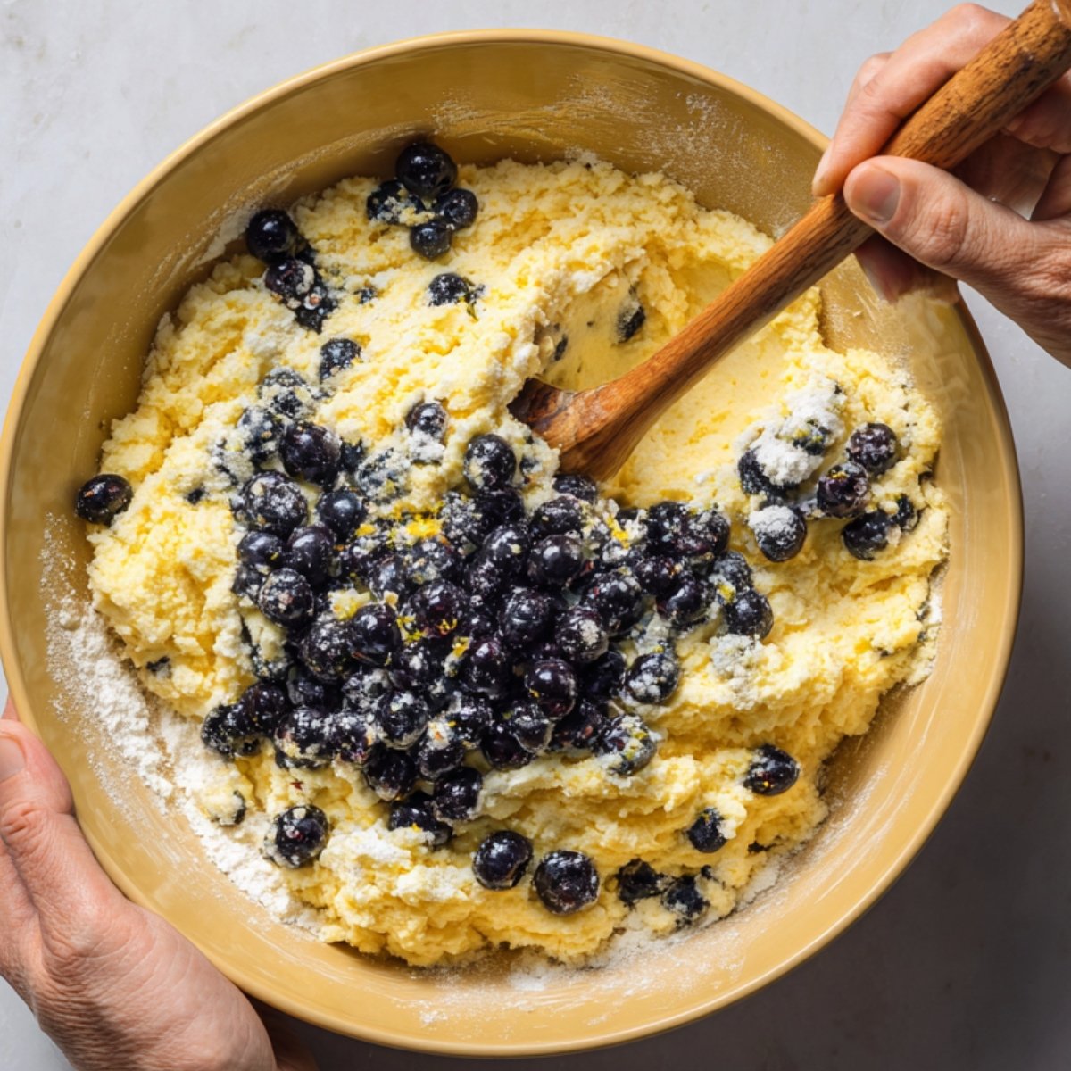 Vanilla cupcake studded with juicy blueberries, topped with swirled lemon‑cream cheese frosting, three fresh blueberries, and a thin lemon wedge against a softly blurred background