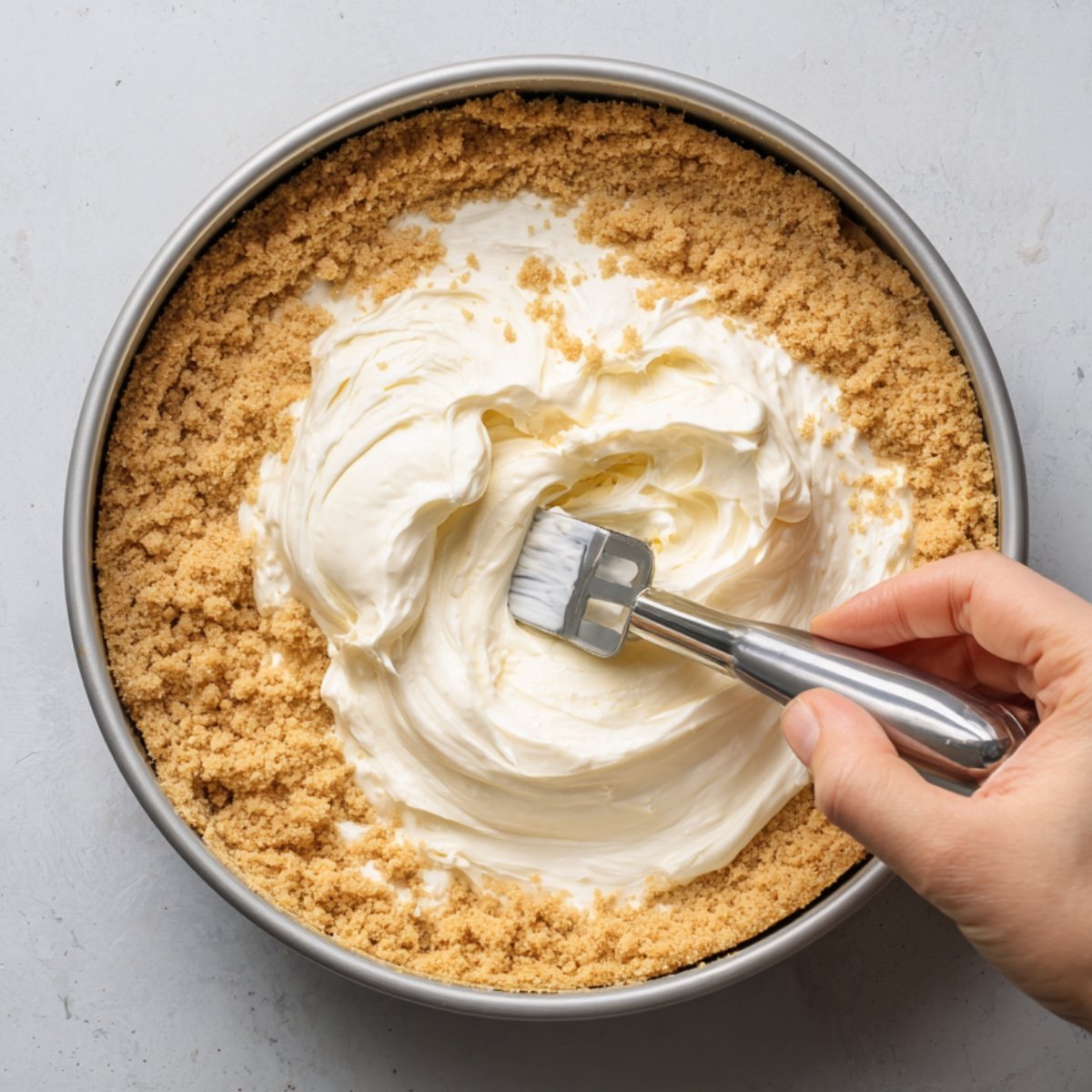 Overhead view of a springform pan filled with a graham‑cracker crumb crust; a hand holds a small metal spatula or tamper, pressing the crumb mixture evenly into the pan’s bottom and up the sides.