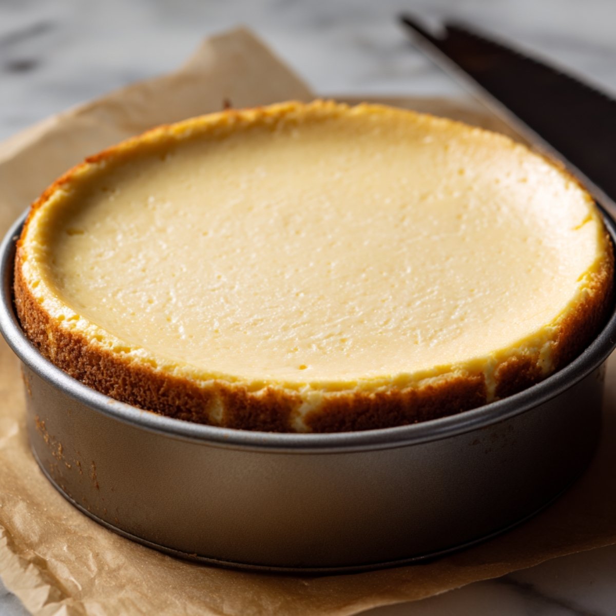 A fully baked plain cheesecake still in its springform pan, sitting on parchment‑lined surface, with smooth, golden‑tinted edges and a slightly raised rim around the top.