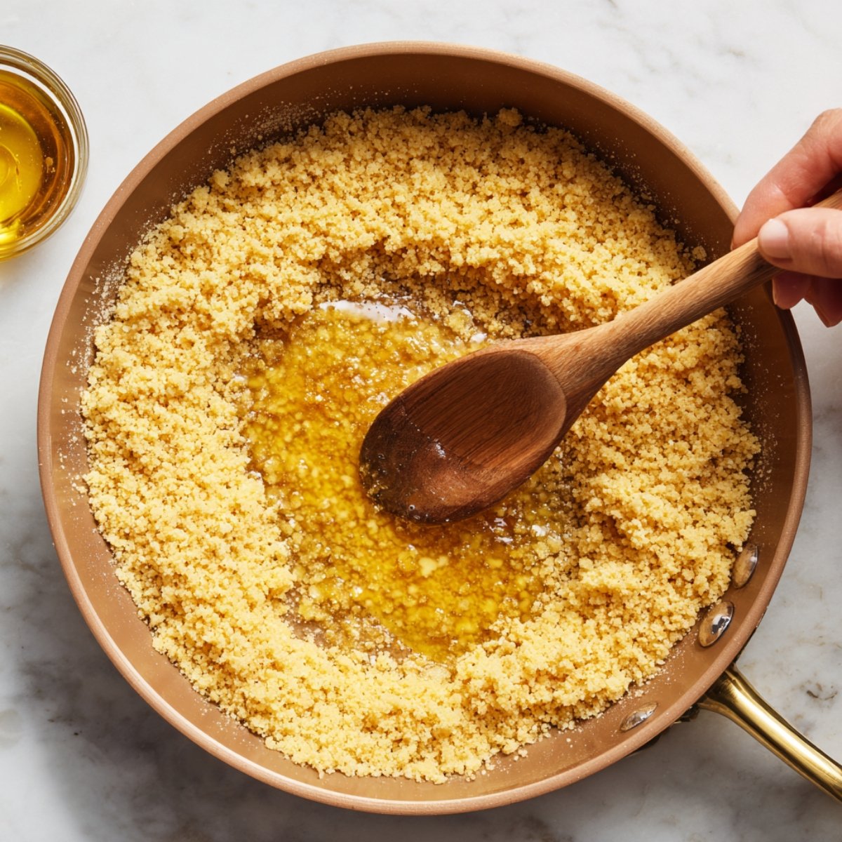 Overhead view of a springform pan filled with a graham‑cracker crumb crust; a hand holds a small metal spatula or tamper, pressing the crumb mixture evenly into the pan’s bottom and up the sides.