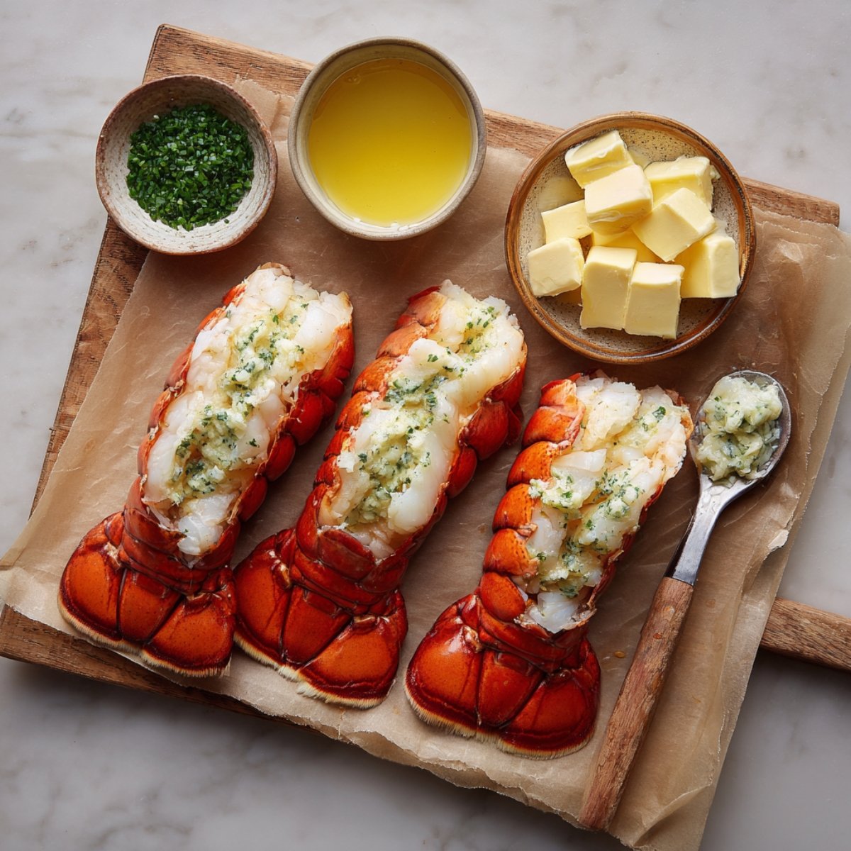 Uncooked lobster tails topped with garlic butter, displayed with bowls of butter, chopped herbs, and melted butter on parchment paper.