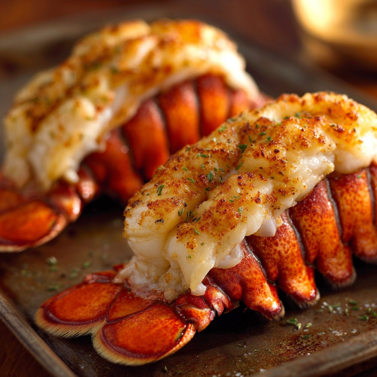 Close-up of perfectly broiled lobster tails with golden tops and seasoning on a baking sheet.