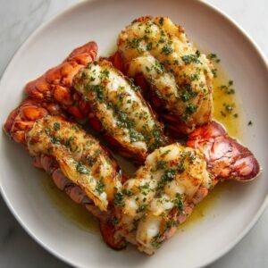 Four broiled lobster tails served in a shallow dish with herbed butter sauce.