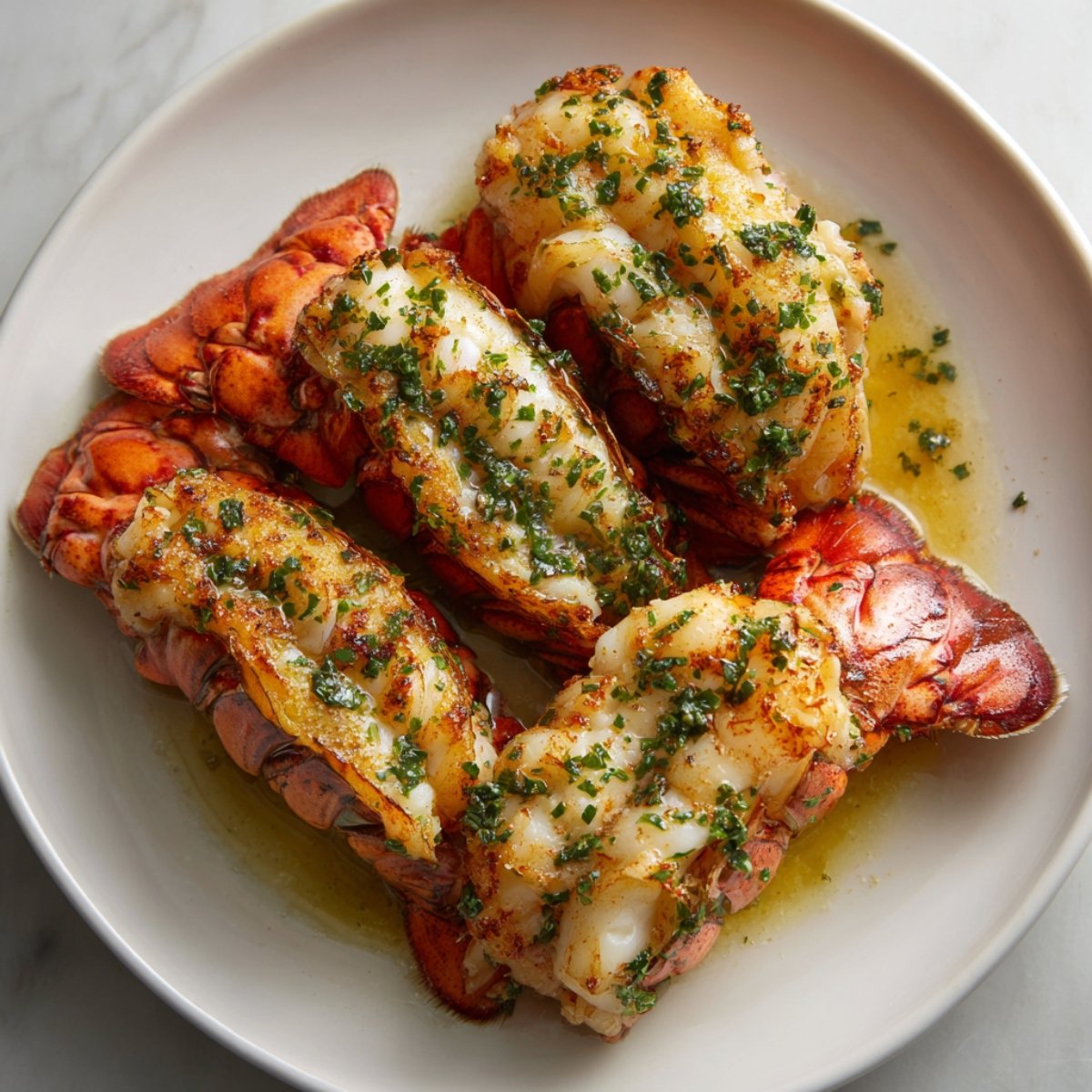 Four broiled lobster tails served in a shallow dish with herbed butter sauce.