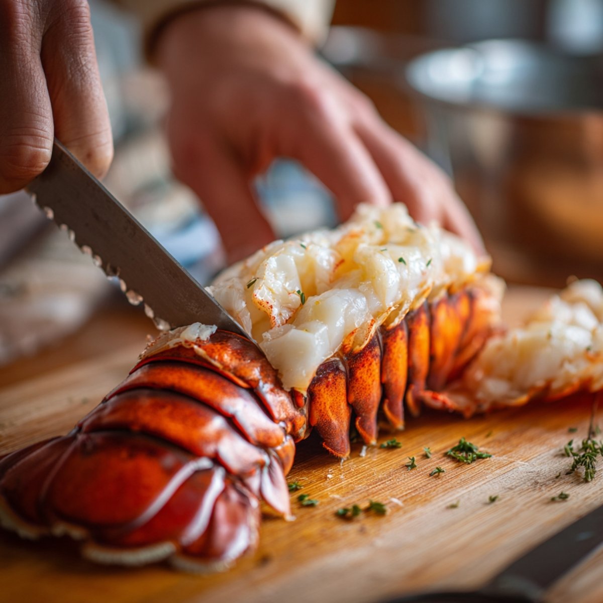 Chef slicing through a raw lobster tail with a serrated knife to butterfly it on a wooden cutting board.