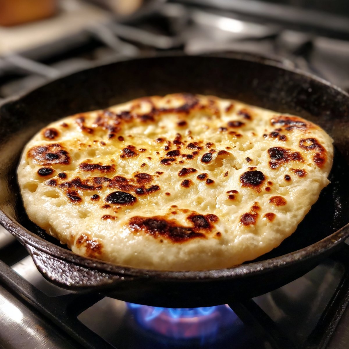 A neat pile of golden‑brown naan with dark grill marks and flecks of chopped cilantro, arranged on a dark serving plate.