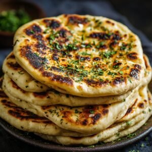 A single naan round with charred, blistered spots sizzling in a black cast‑iron skillet over a blue gas flame.
