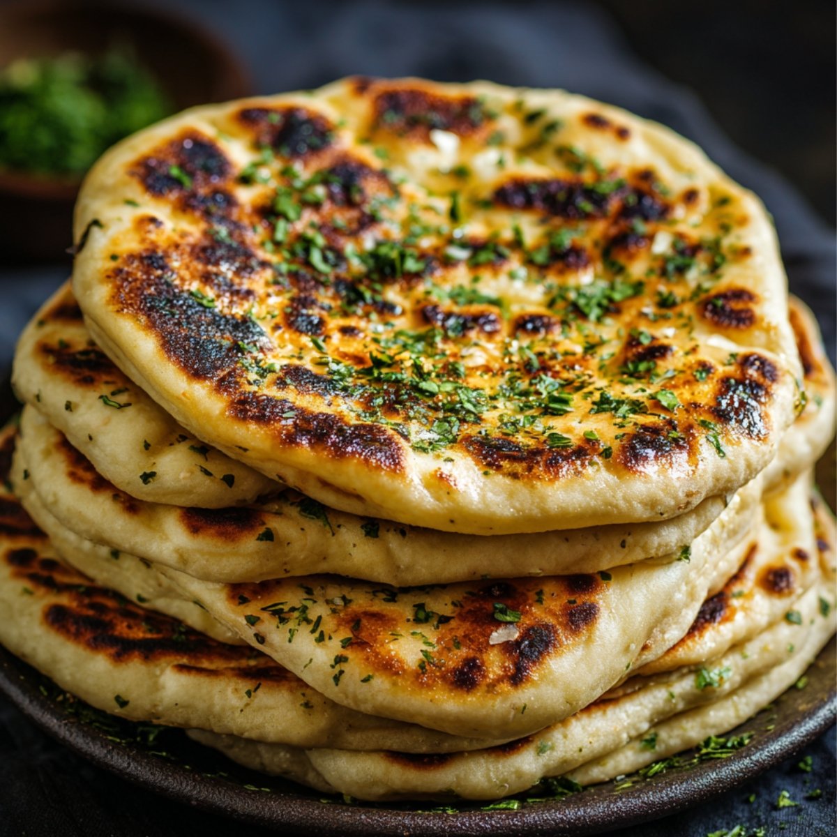 A single naan round with charred, blistered spots sizzling in a black cast‑iron skillet over a blue gas flame.