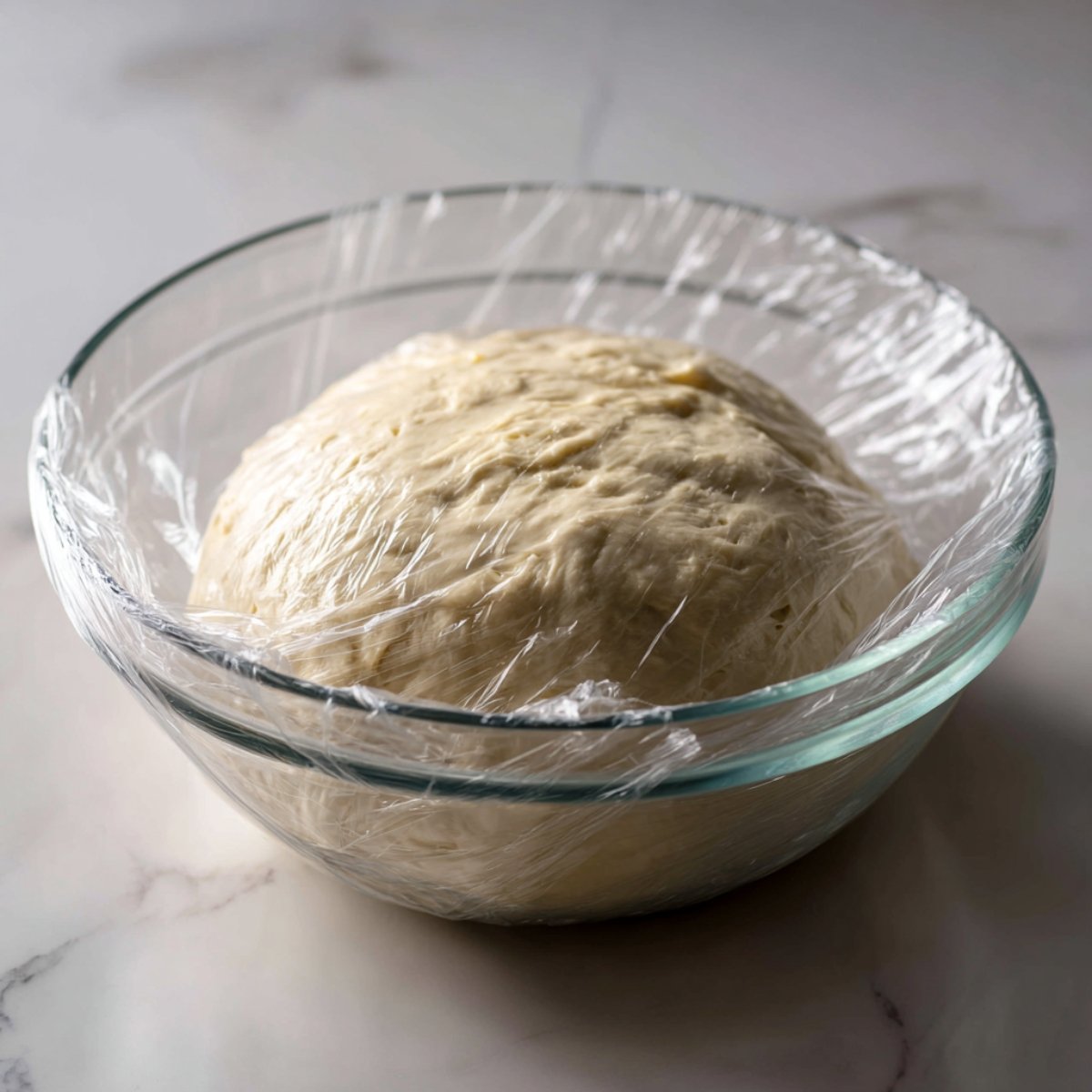 A smooth, risen ball of naan dough tucked under clear plastic wrap inside a glass mixing bowl on a white marble countertop.