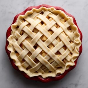 Top-down shot of a wooden cutting board holding whole and diced Granny Smith and Honeycrisp apples, surrounded by small bowls of brown sugar, white sugar, all-purpose flour, ground cinnamon, fresh nutmeg, lemon juice, butter cubes, and a pinch of salt on a light countertop.”