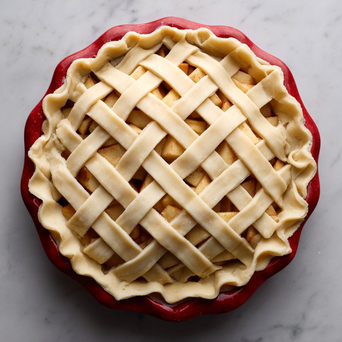 Top-down shot of a wooden cutting board holding whole and diced Granny Smith and Honeycrisp apples, surrounded by small bowls of brown sugar, white sugar, all-purpose flour, ground cinnamon, fresh nutmeg, lemon juice, butter cubes, and a pinch of salt on a light countertop.”